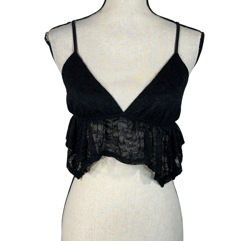 Forever 21 Small Cropped Cami Top Floral Lace Ruffled V-Neck Stretch Adjustable